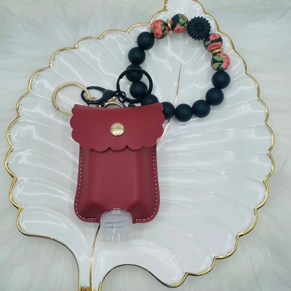Floral Beaded Bracelet Keychain w/ Portable sanitizer Keychain